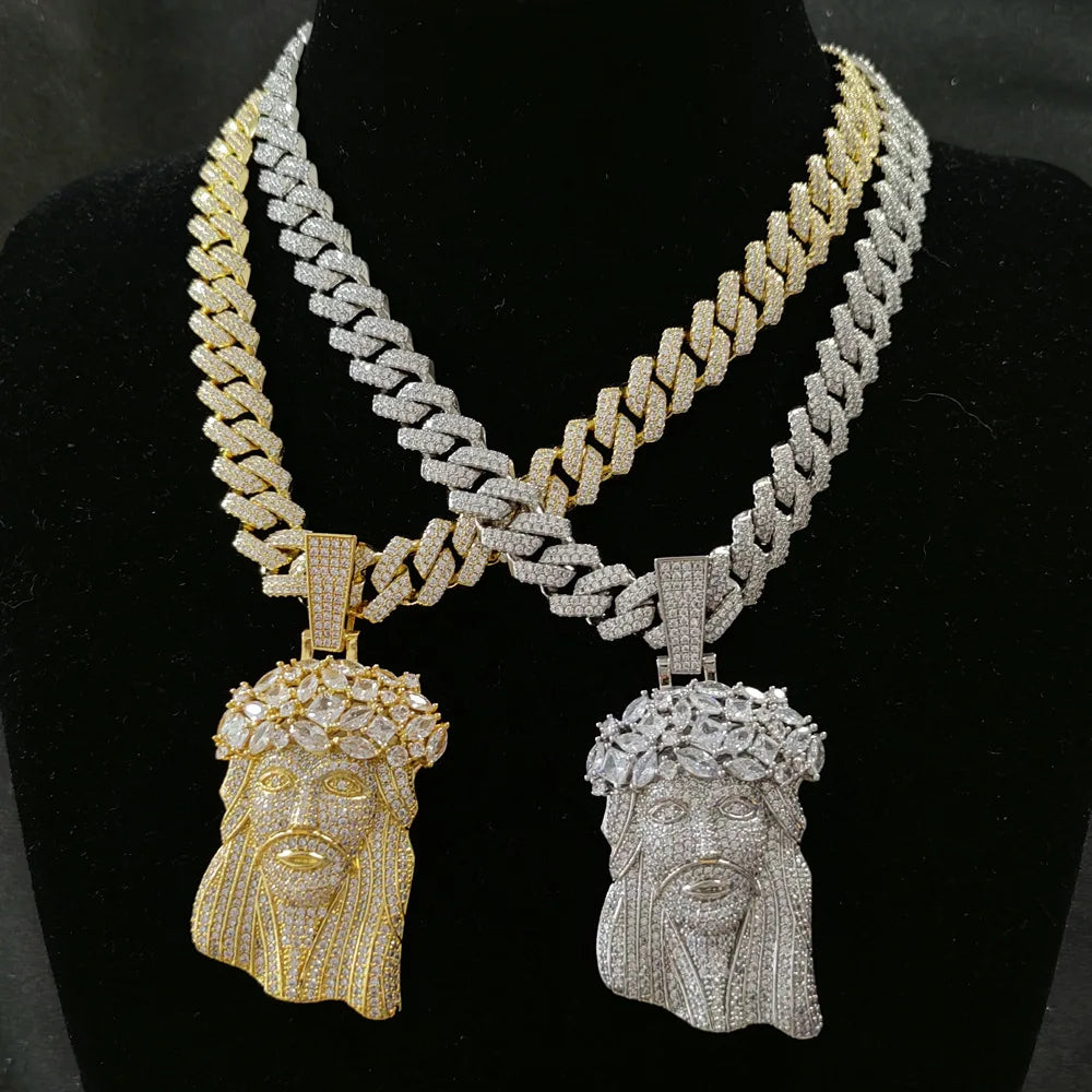 5A+ CZ Stone Paved Bling Iced Out Big JESUS PIECES Pendants Necklaces for Men with 14MM cuban chain