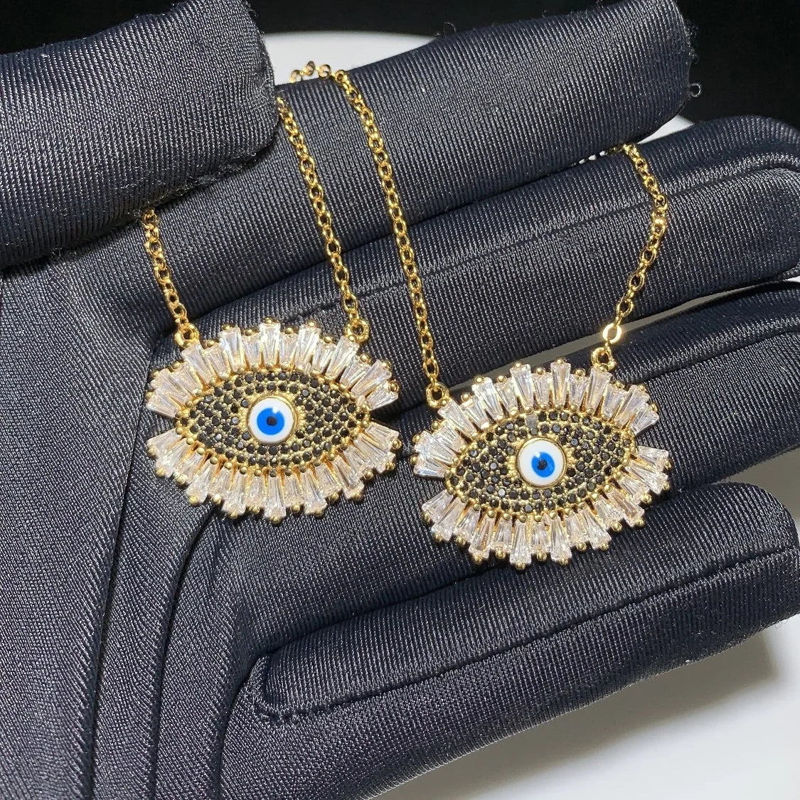 Classic Turkish Evil Eye Pendant Necklace for Women Paved 5A Cubic Zirconia Black and Blue Eye Charm Gold Color for Party 41+5cm 3 Options