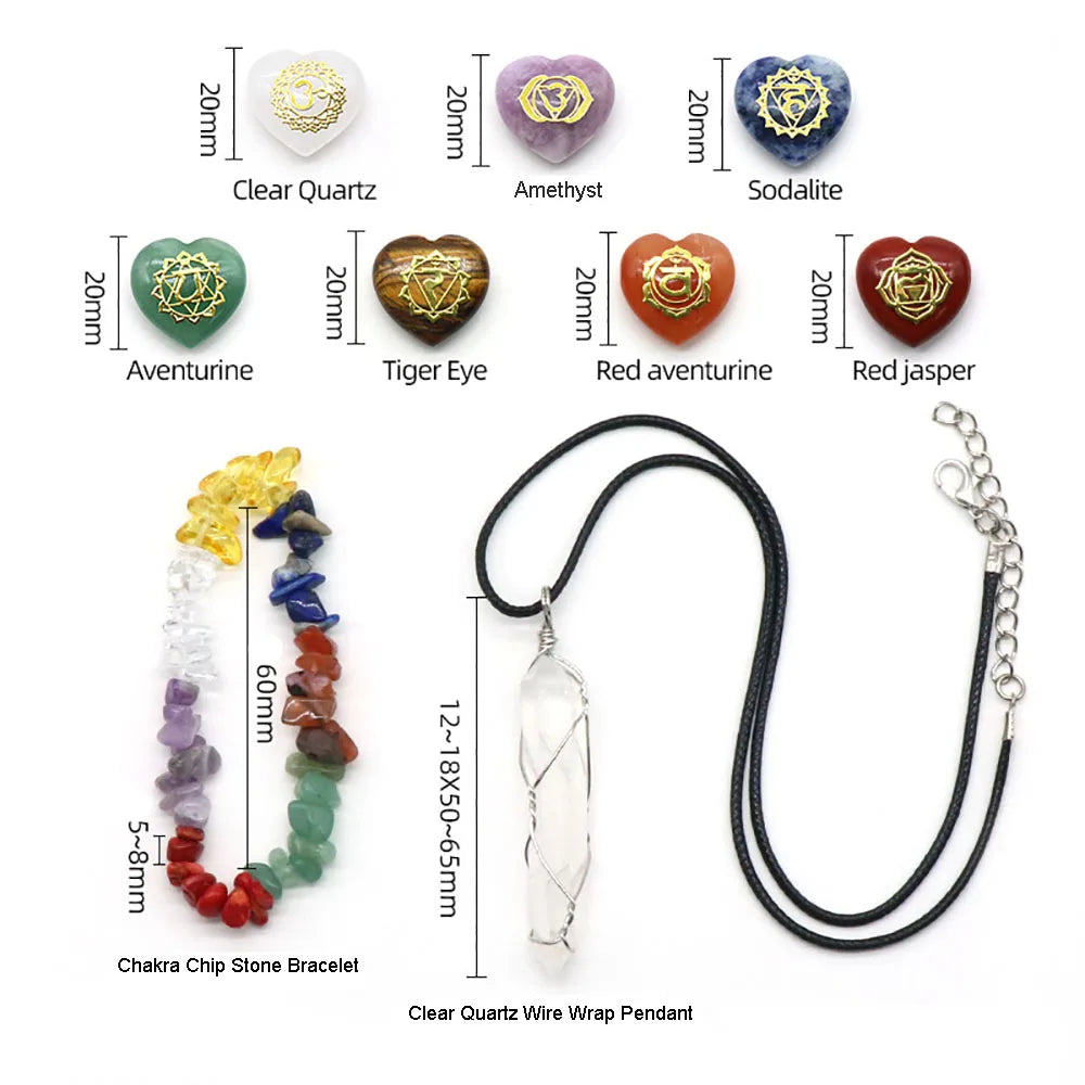 7 Chakra Natural Healing Crystals Set Heart-Shaped Tumbled Palm Stone Colorful Chips Gem Bracelet Clear Quartz Pendant Reiki Kit