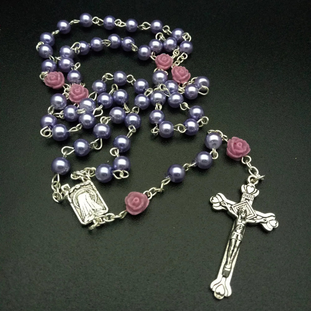 6 Colors Resin Rose Glass Pearl Fashion Rosary Long Pendant Necklace Religious Faith Maria Jesus Cross