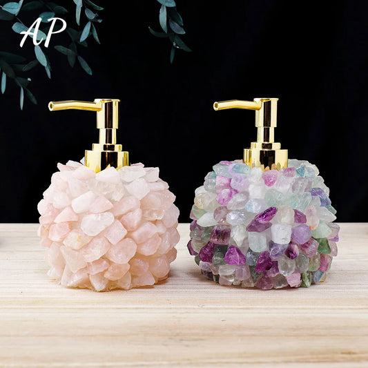 Natural Crystal Raw Stone Rose Quartz Manual Soap Dispenser Healing Gemstone Fluorite Hand Sanitizer Bottle