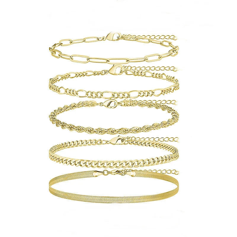 5Pcs/7pcs 14K Gold Plated Anklet Cuban Link Figaro Paperclip Rope Herringbone Chain Anklets Set Gift for Women Girls