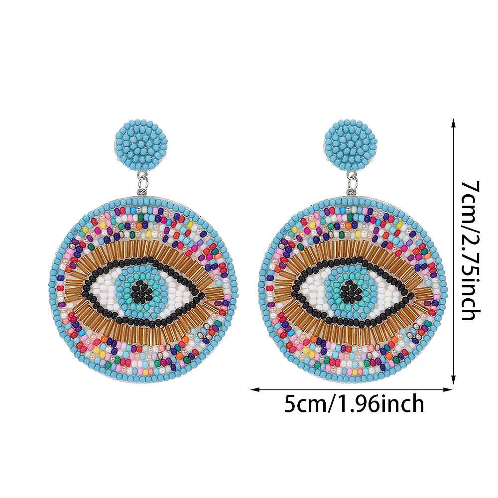 Vintage Beaded Evil Eye Statement Drop Dangling Earrings for Women Girls Bohemian Colorful Rice Beads