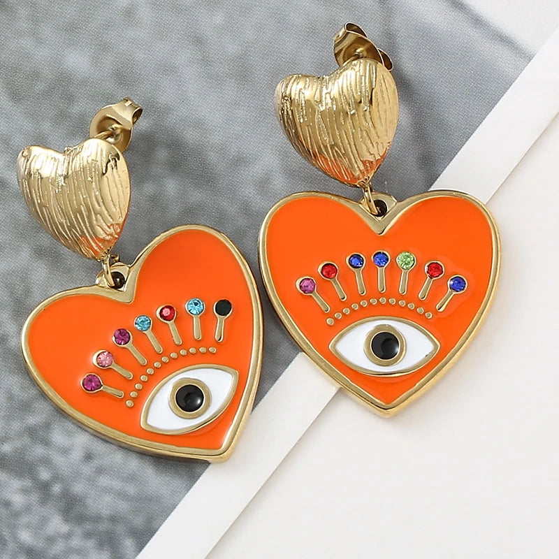 Bohemia Evil Blue Eyes Heart Earrings 14k Gold Plated Stainless Steel Earrings for Women Designer Fashion Jewelry Gifts Wholesale