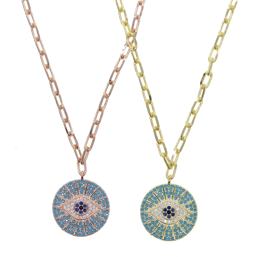 New Evil Eye Round Pendant Necklaces for Women Paved Full Turquoise and Cubic Zircon Gold/Rose Gold Plated Color Fashion Jewelry