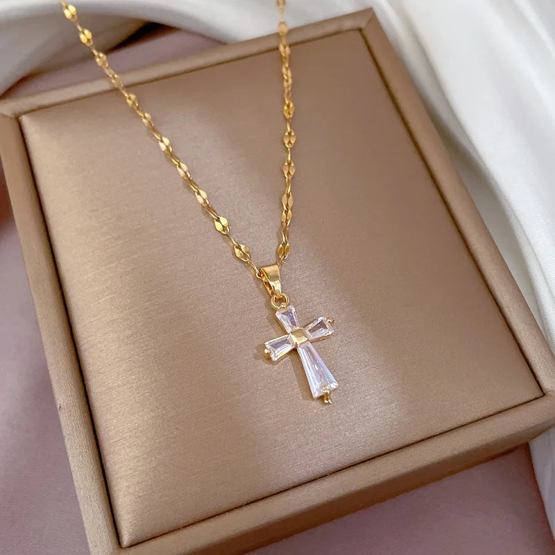 Stainless Steel New Arrival Fashion Cross Necklace Accessories Silver Color Crystal CZ Pendants Necklace for Women Fine Jewelry