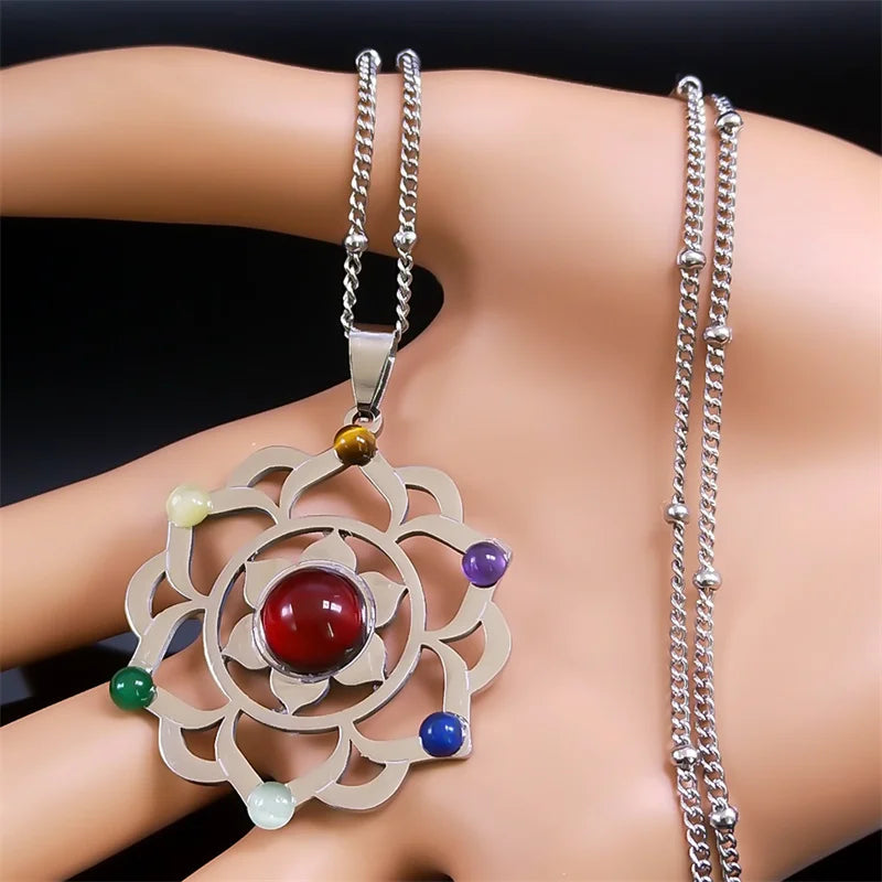 7 Chakra Sacred Geometry Metatron Necklace for Women Flower of Life Stainless Steel Stone Necklaces Reiki Healing Jewelry