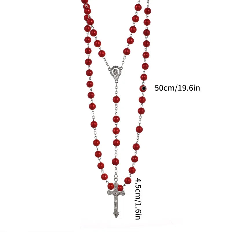 Vintage Pearl Bead Chain Christian Catholic Rosary Cross Rosary Pendant Necklace for Women Men Charm Religious Jewelry Gifts