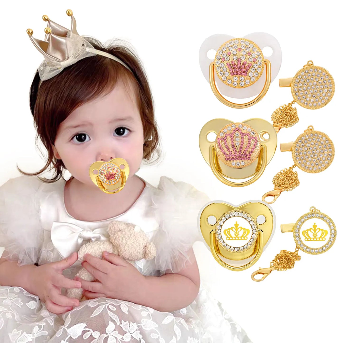 Princess & Prince baby pacifier BPA free fashionable rhinestone baby silicone nipple with nipple clip