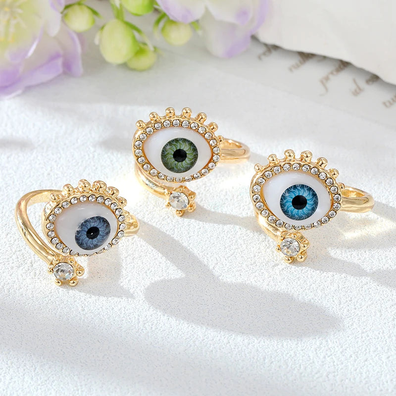 Crystal Turkish Blue Evil Eye Finger Ring For Women Men Gift Vintage Gold Color Lucky Eye Adjustable