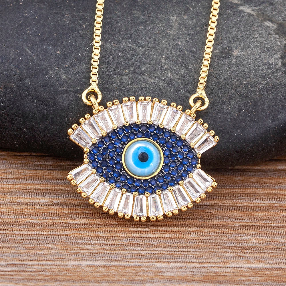 Zircon Bohemian Evil Eye Inlaid Rainbow Rhinestone Pendant Necklace Purple, Blue & Green Available