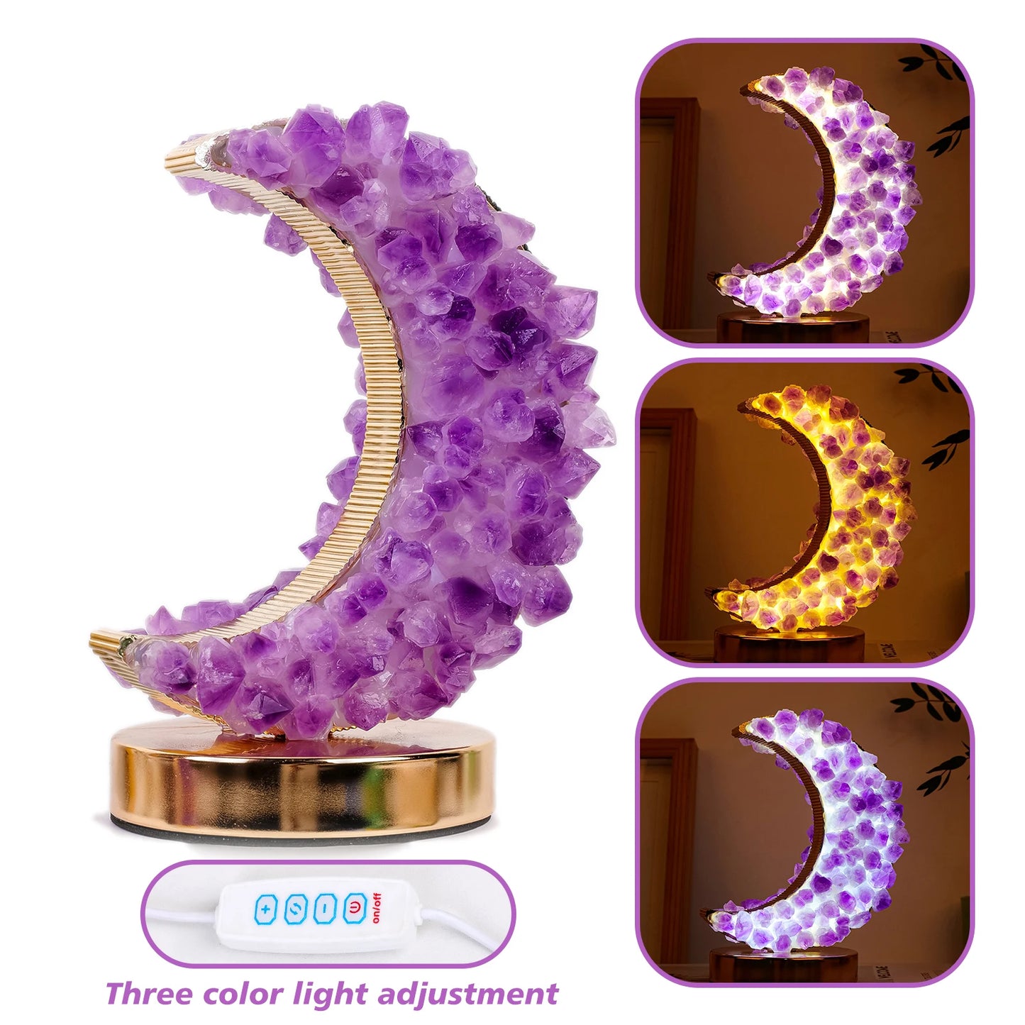 Natural Crystal Original Stone Moon Table Lamp amethyst Small Night Lamp Decoration USB Base Dimming Home Decoration