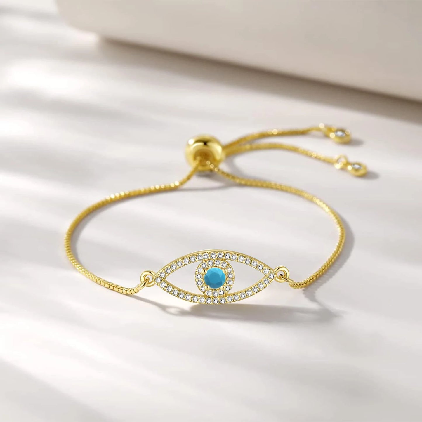 Blue & White Cubic Zirconia Crystal Nazar Evil Eye Lucky Bracelet Women Gold-plated Brass Red Rope Adjustable Jewelry