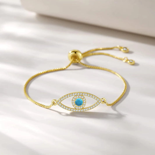 Blue & White Cubic Zirconia Crystal Nazar Evil Eye Lucky Bracelet Women Gold-plated Brass Red Rope Adjustable Jewelry