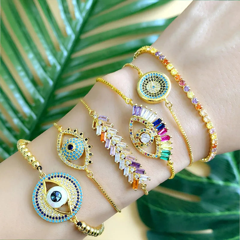 Copper Zirconia Beads Rope Tennis Chain Blue Evil Eye Rainbow CZ Long Strip Charms Bracelets For Women Gold-plated Jewelry Gifts