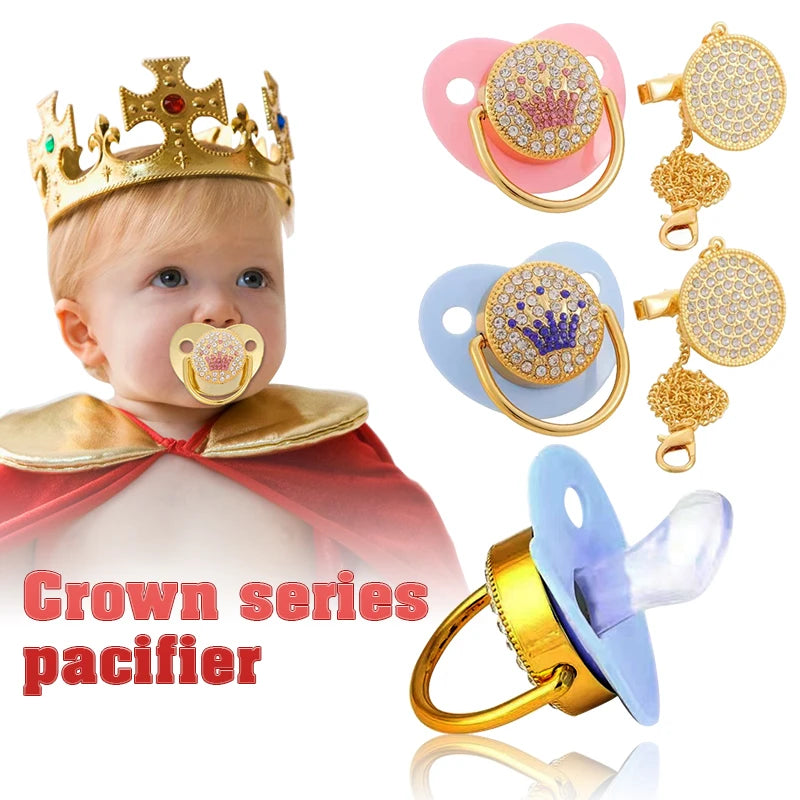 Princess & Prince baby pacifier BPA free fashionable rhinestone baby silicone nipple with nipple clip