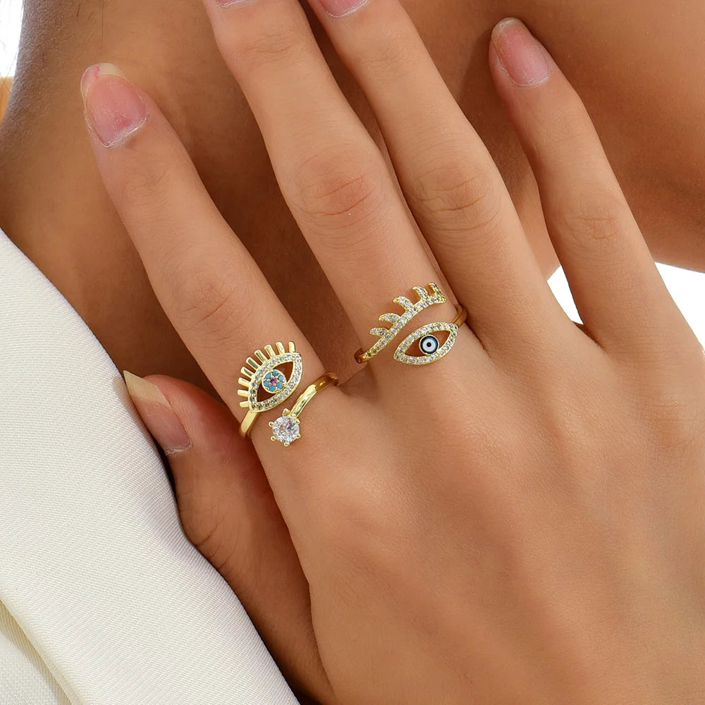 Classic Evil Eye Open Adjustable Finger Ring with Cubic Zirconia for Women Luxury Turkish Evil Eyes Rings