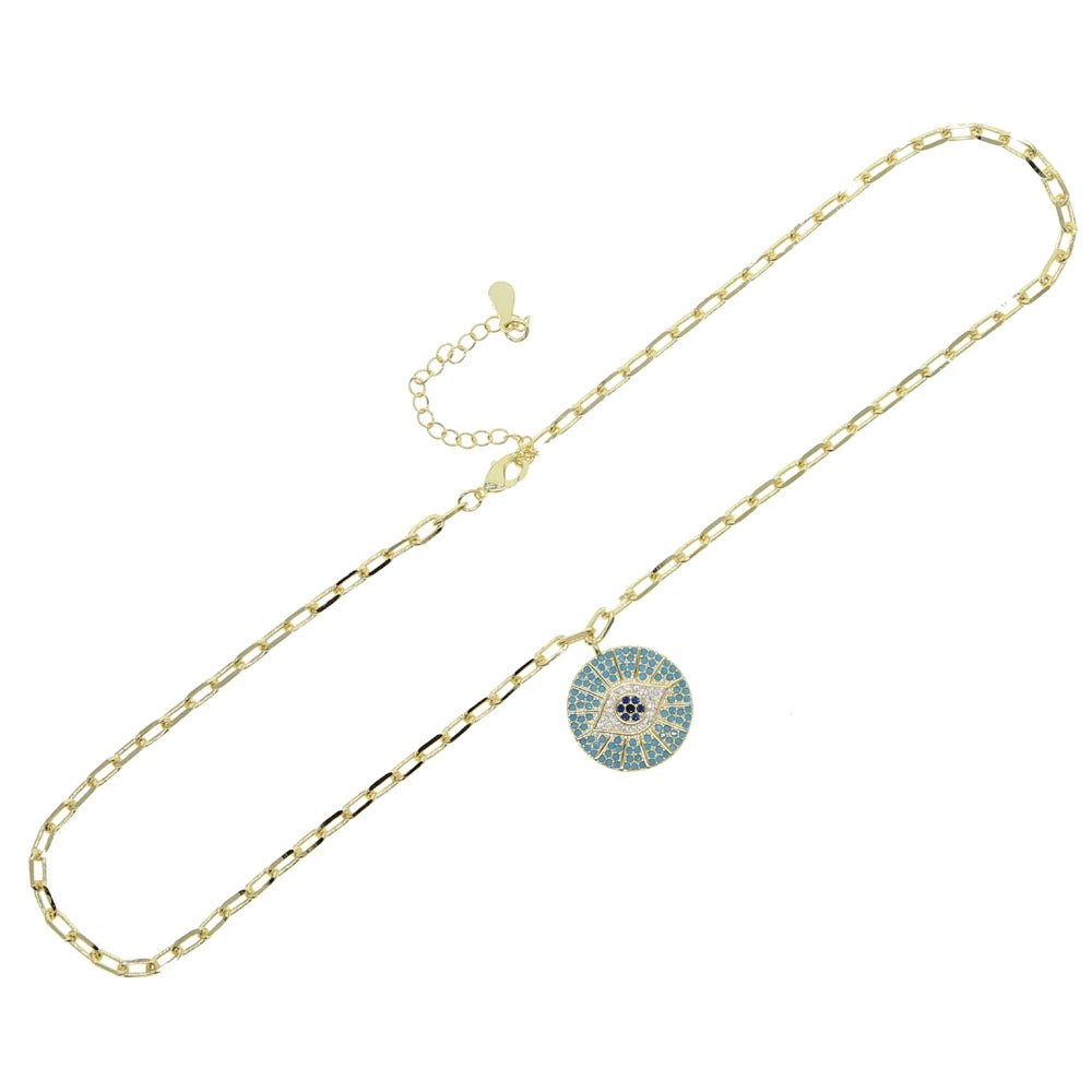 New Evil Eye Round Pendant Necklaces for Women Paved Full Turquoise and Cubic Zircon Gold/Rose Gold Plated Color Fashion Jewelry