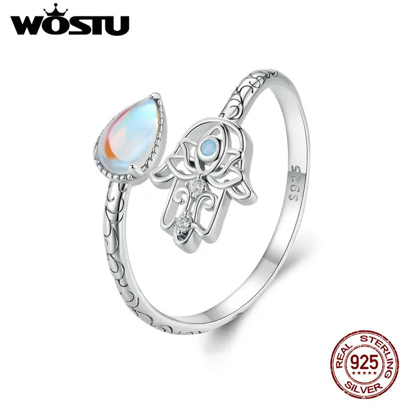 925 Sterling Silver Lucky Hand Of Fatima Opening Ring Rainbow Moonstone Teardrop